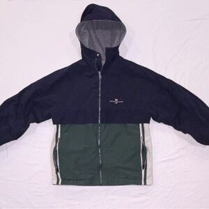 London Fog Colorblock Hooded Windbreaker Jacket Full Zip Navy Green Men's